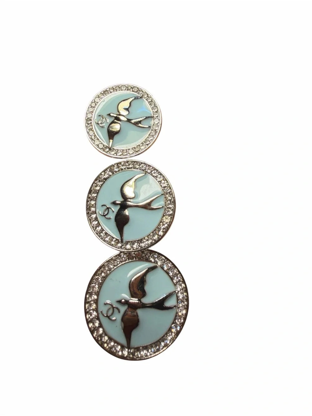 CHANEL Light Blue Enamel Bird CC Crystal-Trim Button Set